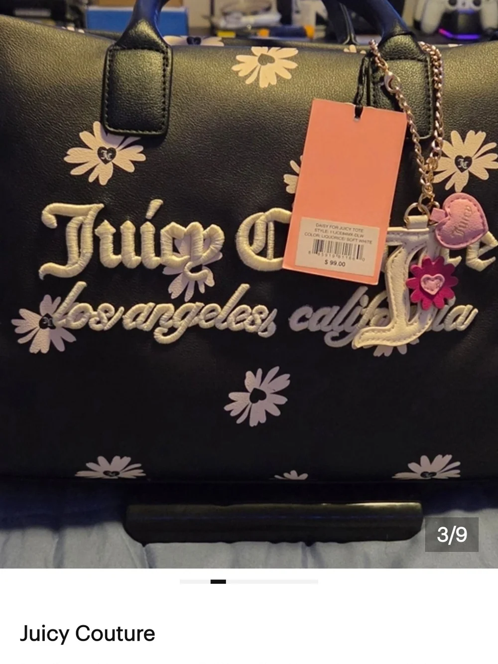 Juicy Couture Black Satchel with Pink Floral Embroidery